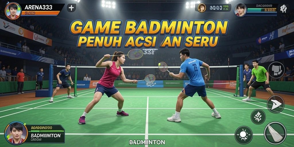 Antarmuka utama ARENA333 dengan tampilan lapangan badminton yang dinamis.