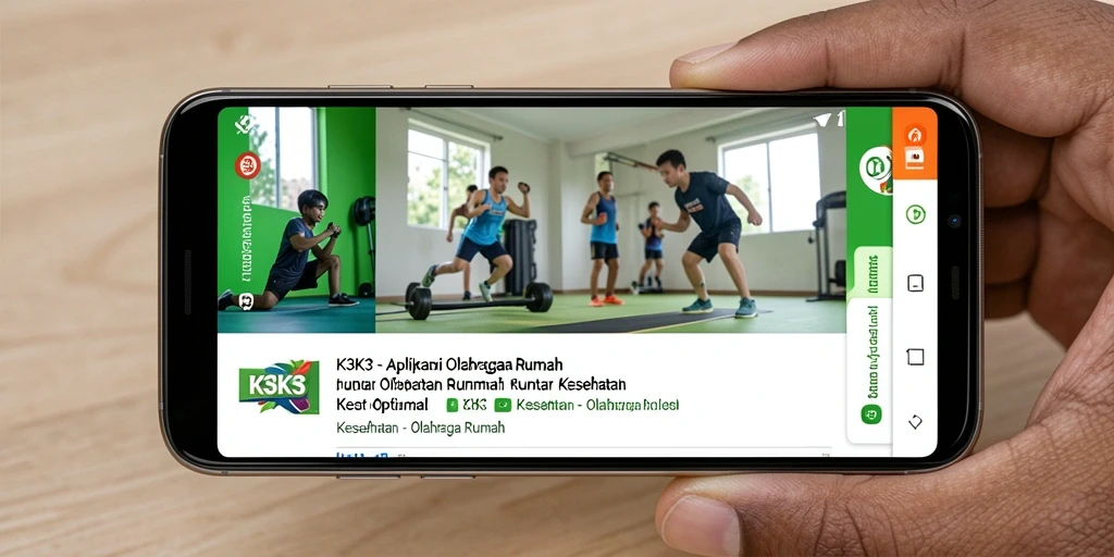 Screenshot utama K3K3 menunjukkan interface latihan olahraga di rumah yang interaktif.