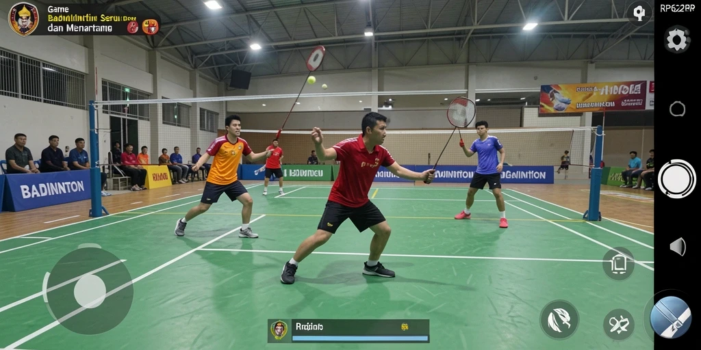 Antarmuka permainan RP62RP dengan tampilan lapangan Badminton yang menawan.