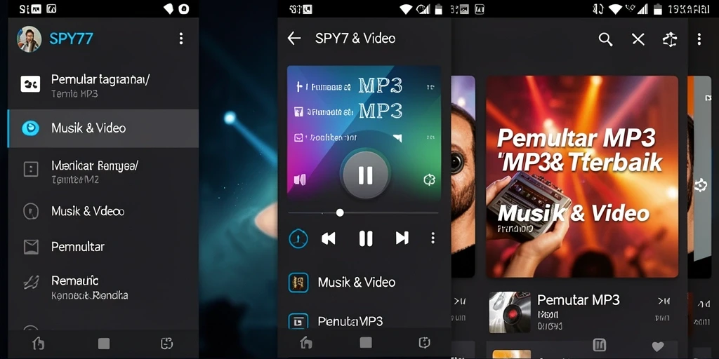 Antarmuka pengguna aplikasi SPY77 Pemutar MP3 yang menarik dan fungsional.